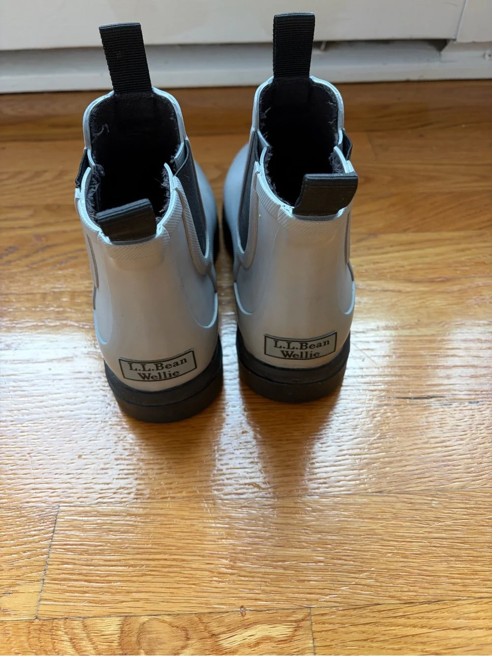 L.L. Bean Light Gray Chelsea Rain Boots with Black Pull Tabs